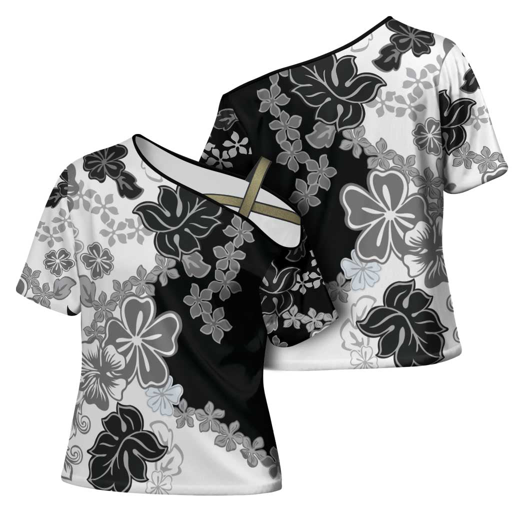 Gray Scale Hibiscus Plumeria Floral Cross Shoulder Shirt LT01 - Polynesian Pride