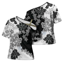 Gray Scale Hibiscus Plumeria Floral Cross Shoulder Shirt LT01 - Polynesian Pride