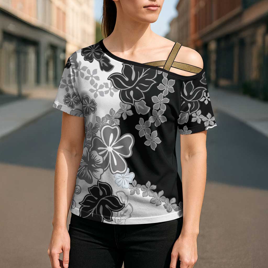 Gray Scale Hibiscus Plumeria Floral Cross Shoulder Shirt LT01 - Polynesian Pride