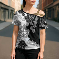 Gray Scale Hibiscus Plumeria Floral Cross Shoulder Shirt LT01 - Polynesian Pride