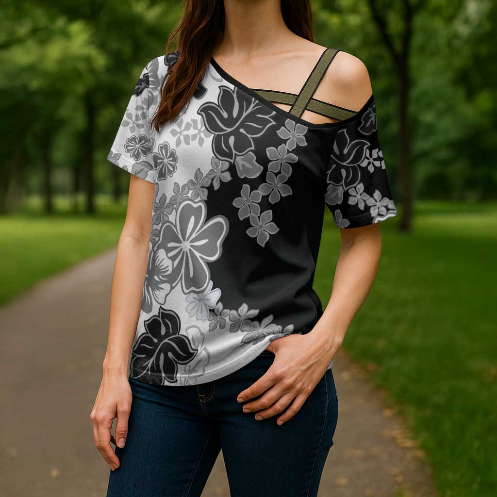 Gray Scale Hibiscus Plumeria Floral Cross Shoulder Shirt LT01 - Polynesian Pride