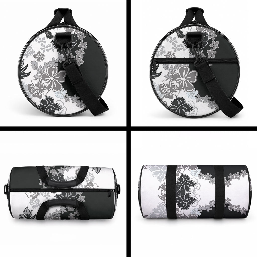Gray Scale Hibiscus Plumeria Floral Duffle Bag