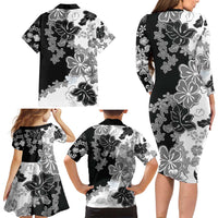 Gray Scale Hibiscus Plumeria Floral Family Matching Long Sleeve Bodycon Dress and Hawaiian Shirt - Polynesian Pride