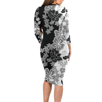 Gray Scale Hibiscus Plumeria Floral Family Matching Long Sleeve Bodycon Dress and Hawaiian Shirt - Polynesian Pride