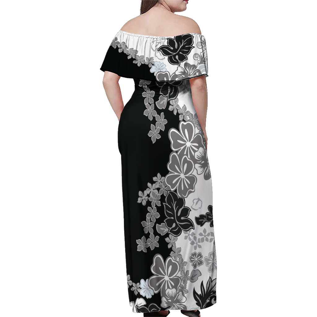Gray Scale Hibiscus Plumeria Floral Family Matching Off Shoulder Maxi Dress and Hawaiian Shirt - Polynesian Pride