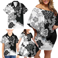Gray Scale Hibiscus Plumeria Floral Family Matching Off Shoulder Short Dress and Hawaiian Shirt - Polynesian Pride