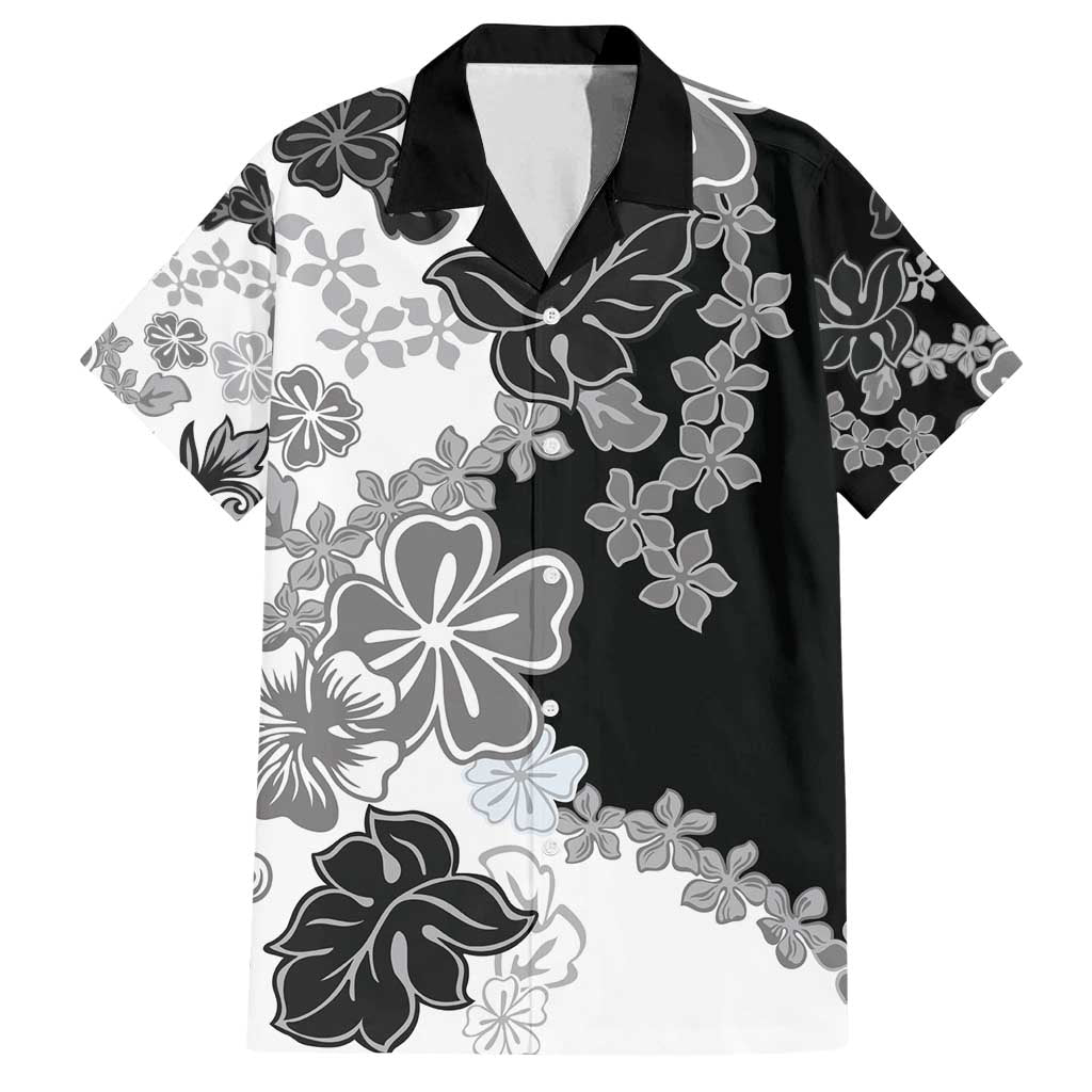 Gray Scale Hibiscus Plumeria Floral Family Matching Off Shoulder Short Dress and Hawaiian Shirt - Polynesian Pride