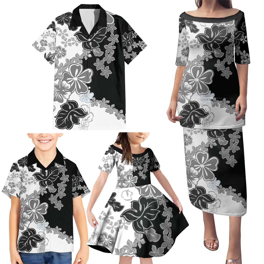 Gray Scale Hibiscus Plumeria Floral Family Matching Puletasi and Hawaiian Shirt - Polynesian Pride