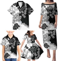 Gray Scale Hibiscus Plumeria Floral Family Matching Puletasi and Hawaiian Shirt - Polynesian Pride