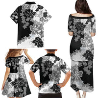 Gray Scale Hibiscus Plumeria Floral Family Matching Puletasi and Hawaiian Shirt - Polynesian Pride