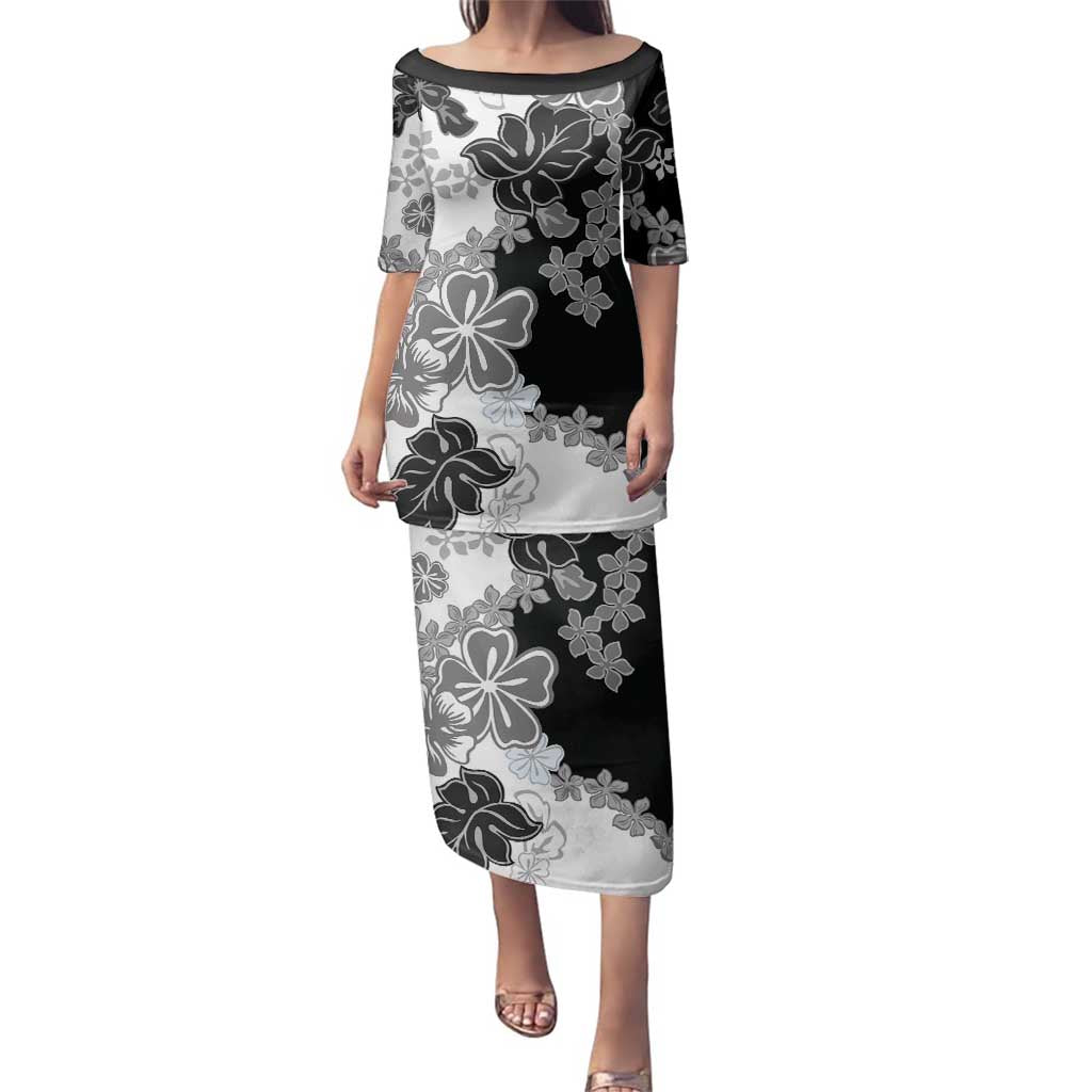 Gray Scale Hibiscus Plumeria Floral Family Matching Puletasi and Hawaiian Shirt - Polynesian Pride