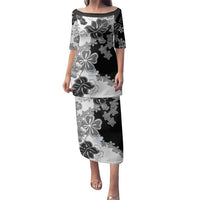 Gray Scale Hibiscus Plumeria Floral Family Matching Puletasi and Hawaiian Shirt - Polynesian Pride