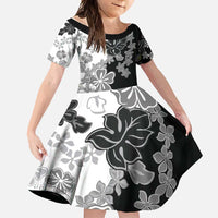Gray Scale Hibiscus Plumeria Floral Family Matching Short Sleeve Bodycon Dress and Hawaiian Shirt - Polynesian Pride