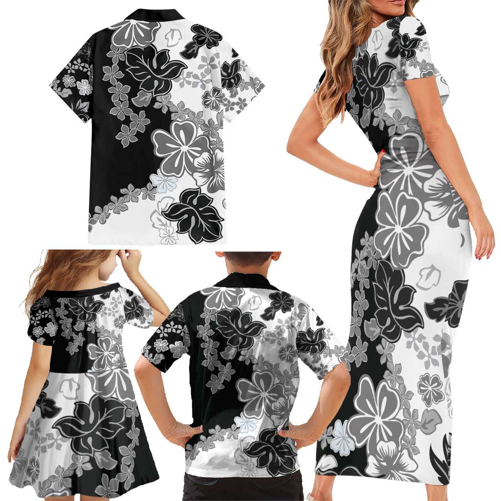 Gray Scale Hibiscus Plumeria Floral Family Matching Short Sleeve Bodycon Dress and Hawaiian Shirt - Polynesian Pride