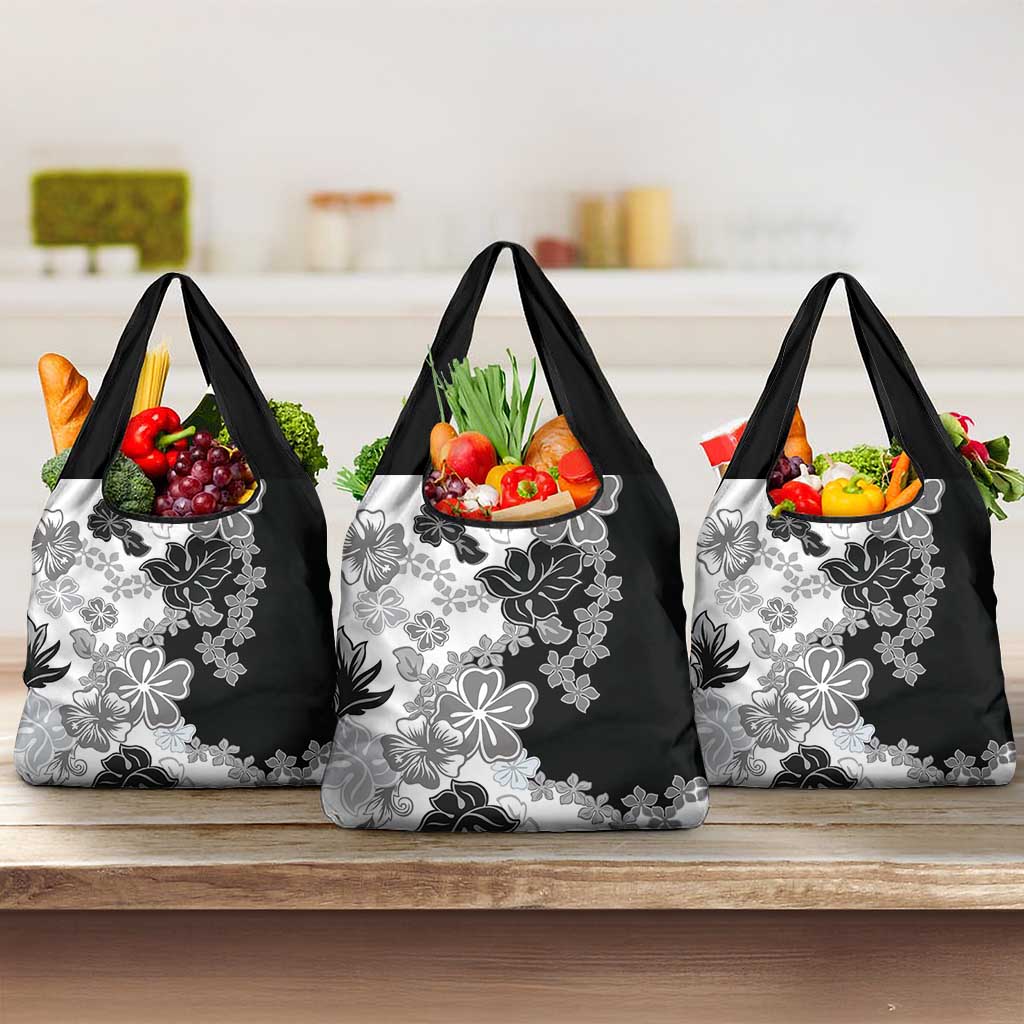 Gray Scale Hibiscus Plumeria Floral Grocery Bag LT01 3-pack One Size Black - Polynesian Pride