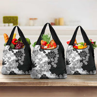 Gray Scale Hibiscus Plumeria Floral Grocery Bag LT01 3-pack One Size Black - Polynesian Pride