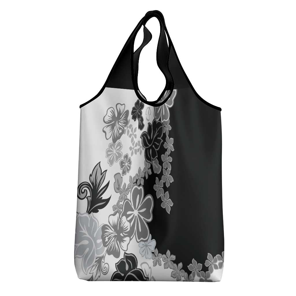 Gray Scale Hibiscus Plumeria Floral Grocery Bag LT01 - Polynesian Pride