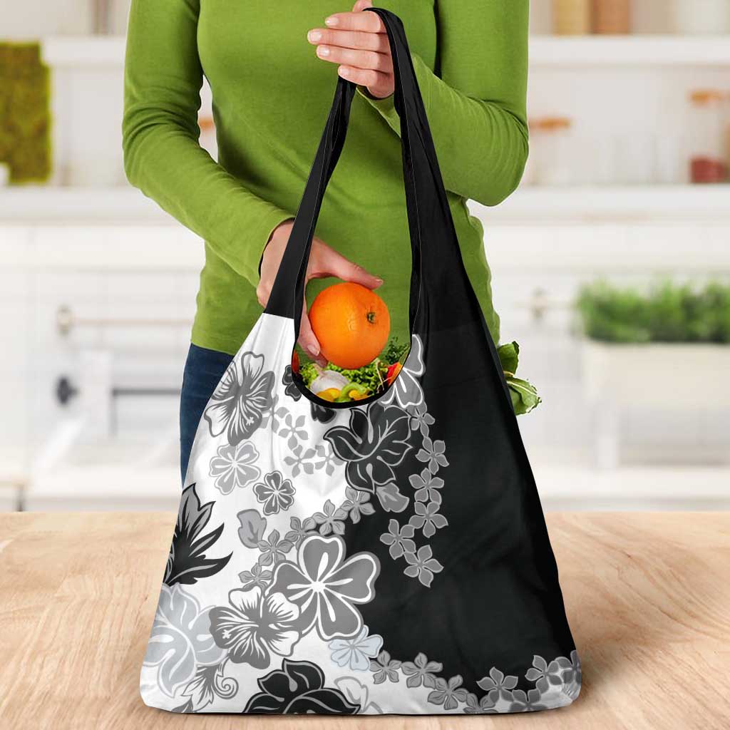Gray Scale Hibiscus Plumeria Floral Grocery Bag LT01 - Polynesian Pride