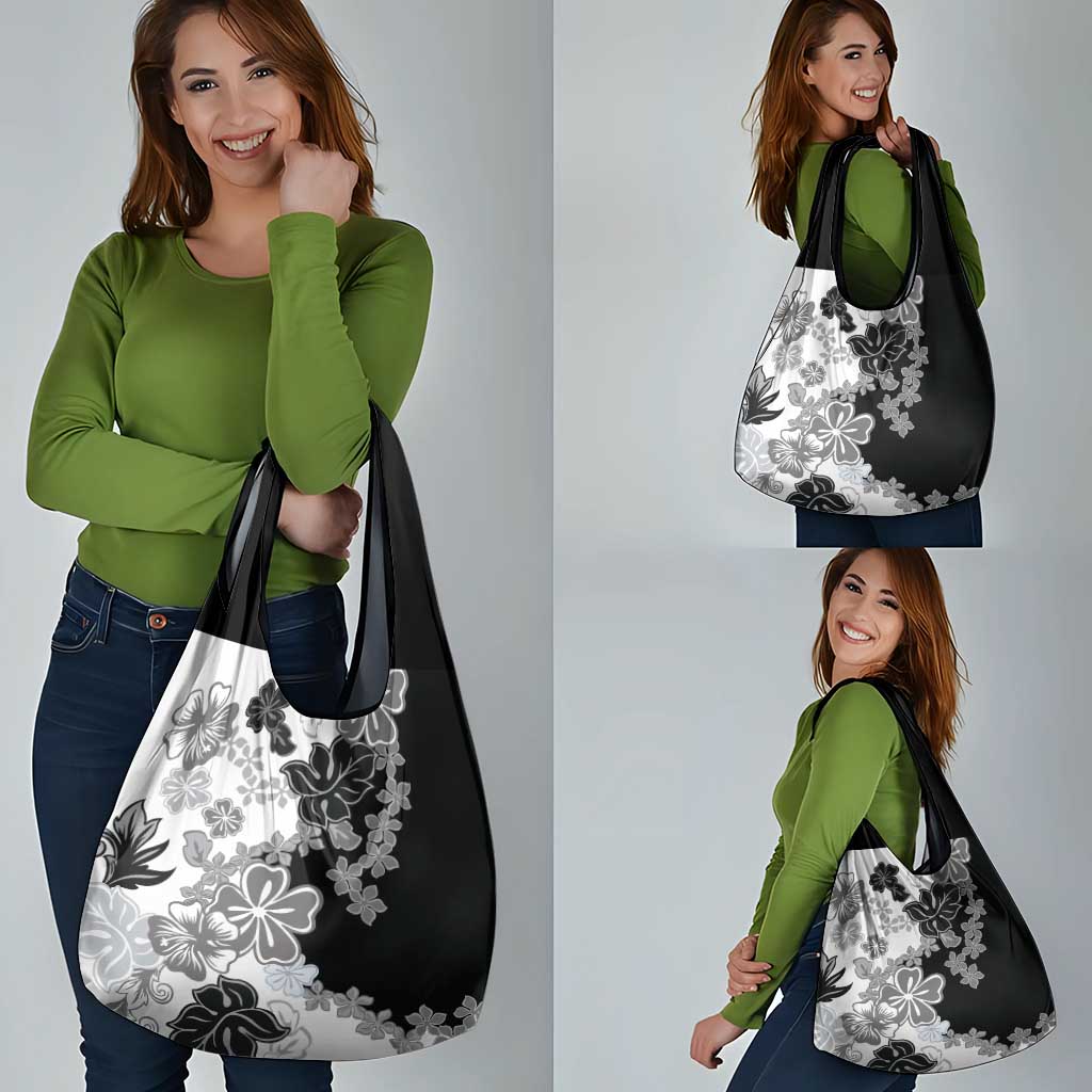 Gray Scale Hibiscus Plumeria Floral Grocery Bag LT01 - Polynesian Pride