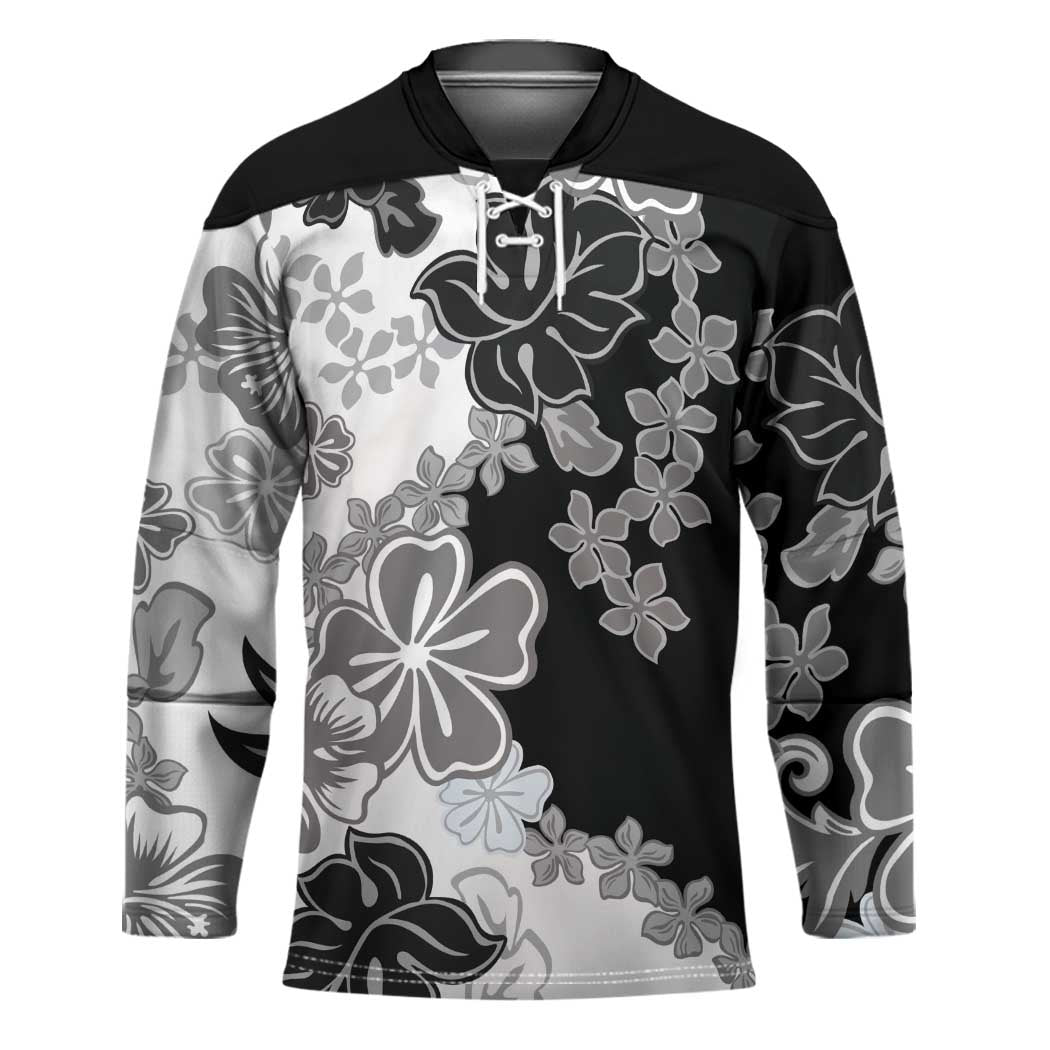 Gray Scale Hibiscus Plumeria Floral Hockey Jersey - Polynesian Pride