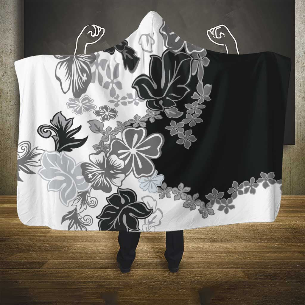Gray Scale Hibiscus Plumeria Floral Hooded Blanket - Polynesian Pride