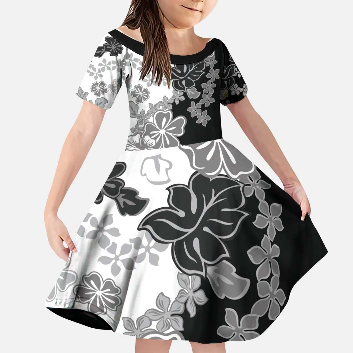 Gray Scale Hibiscus Plumeria Floral Kid Short Sleeve Dress - Polynesian Pride