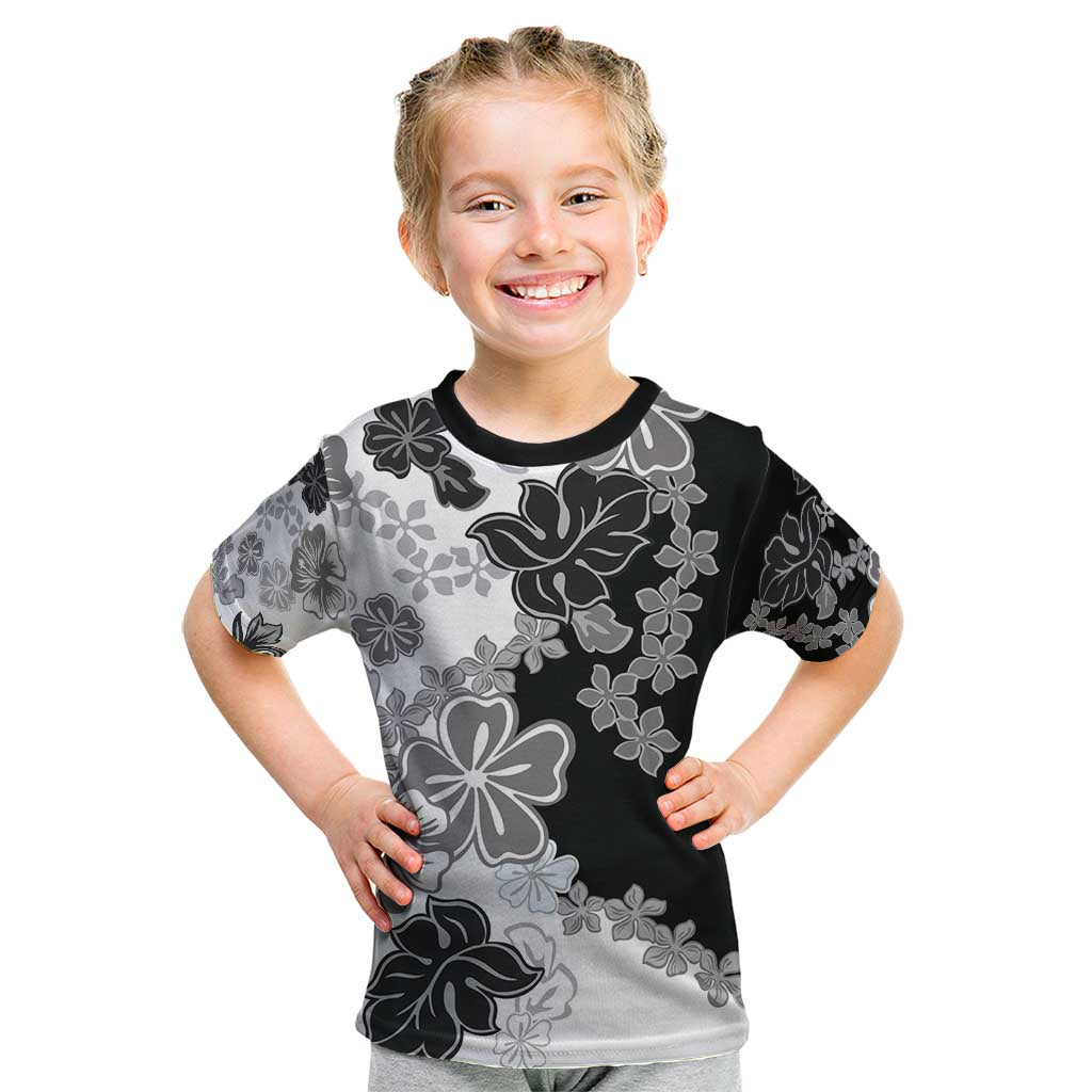 Gray Scale Hibiscus Plumeria Floral Kid T Shirt - Polynesian Pride