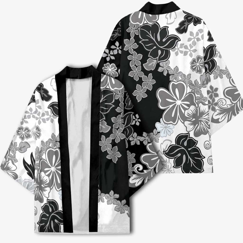 Gray Scale Hibiscus Plumeria Floral Kimono - Polynesian Pride