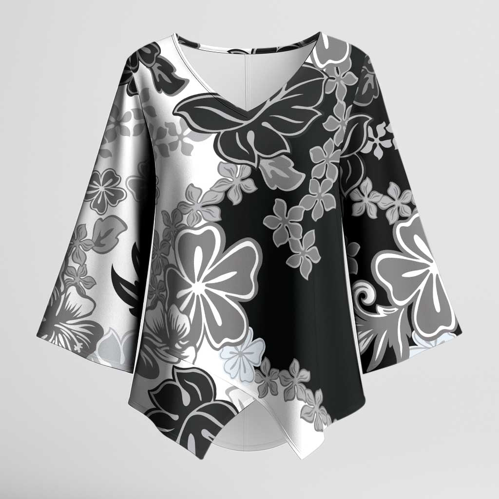 Gray Scale Hibiscus Plumeria Floral Kimono Sleeve Blouse - Polynesian Pride