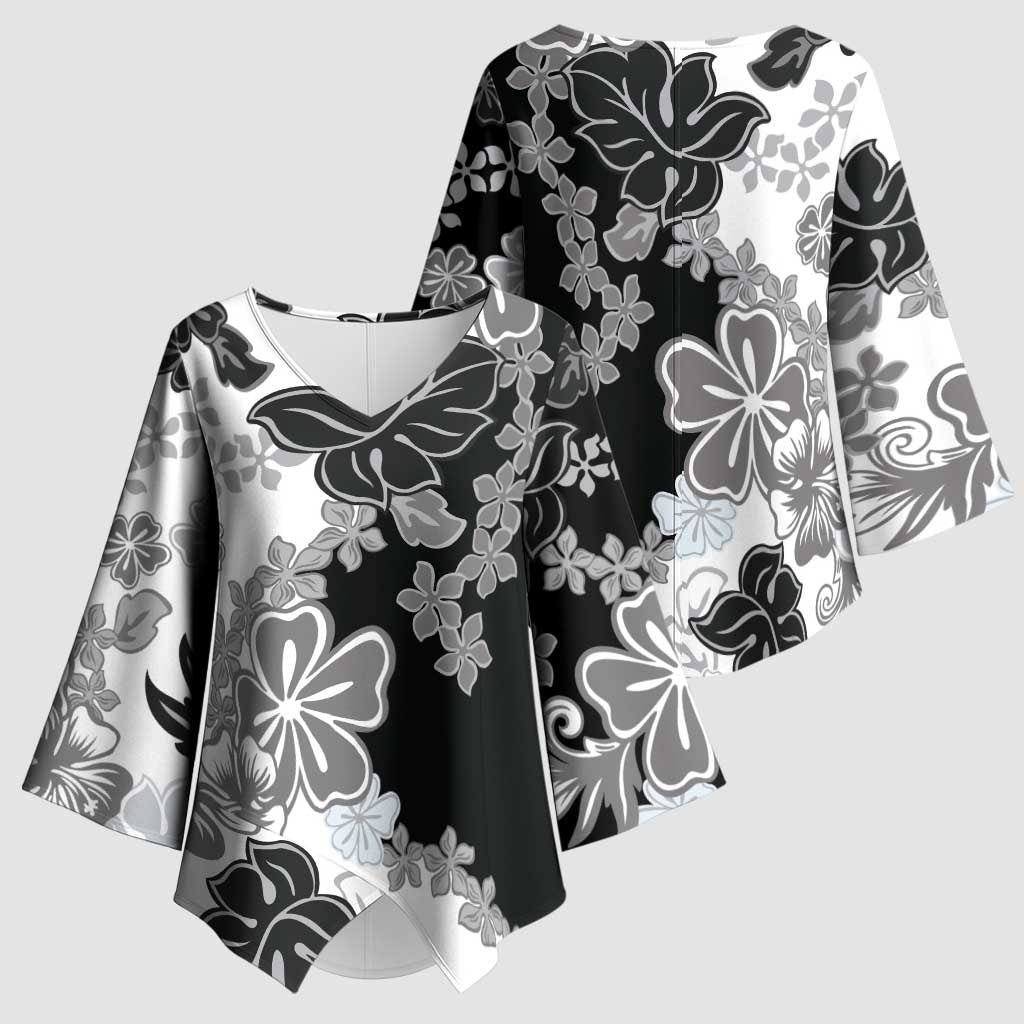 Gray Scale Hibiscus Plumeria Floral Kimono Sleeve Blouse - Polynesian Pride