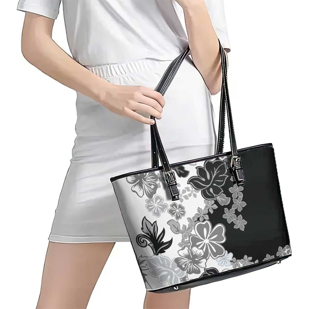 Gray Scale Hibiscus Plumeria Floral Leather Tote Bag - Polynesian Pride