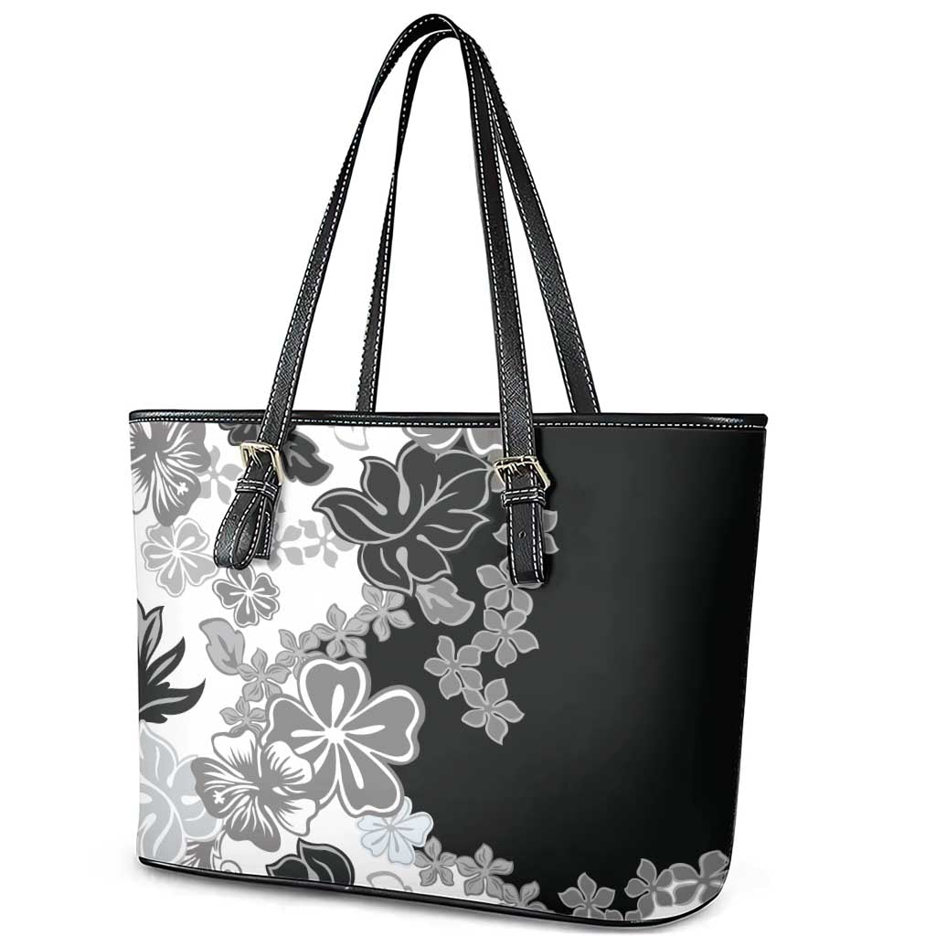 Gray Scale Hibiscus Plumeria Floral Leather Tote Bag - Polynesian Pride