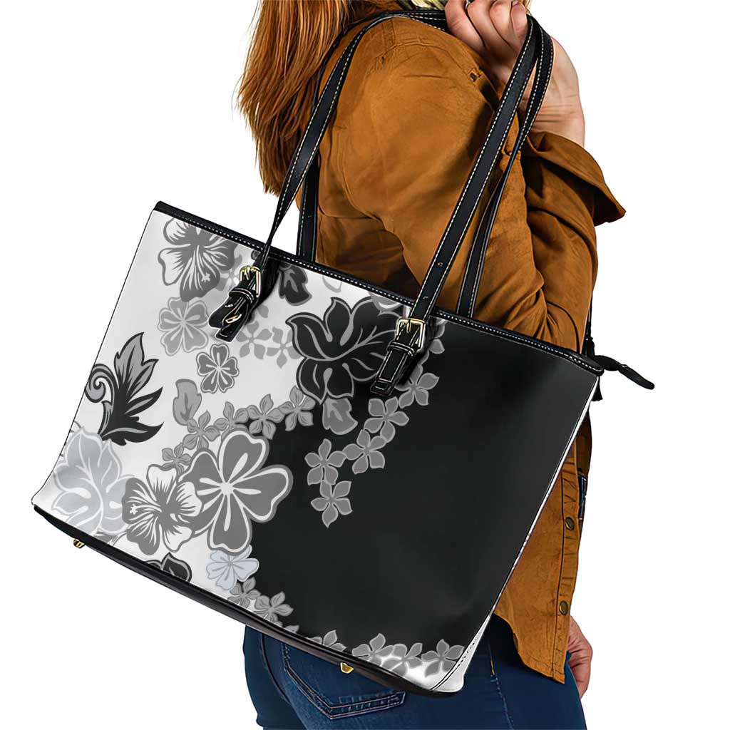 Gray Scale Hibiscus Plumeria Floral Leather Tote Bag - Polynesian Pride