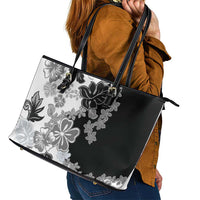 Gray Scale Hibiscus Plumeria Floral Leather Tote Bag - Polynesian Pride
