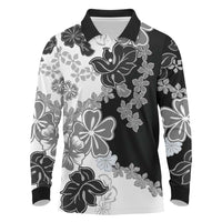 Gray Scale Hibiscus Plumeria Floral Long Sleeve Polo Shirt LT01 Black - Polynesian Pride