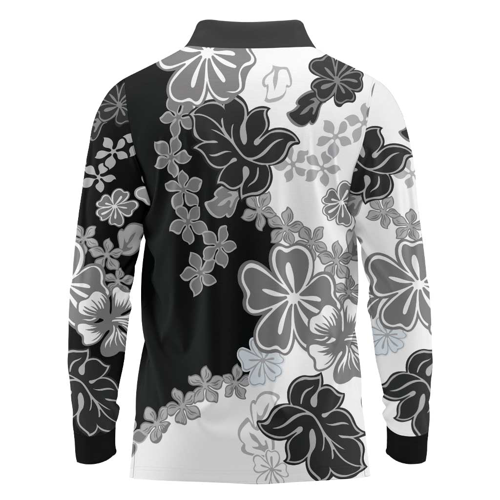 Gray Scale Hibiscus Plumeria Floral Long Sleeve Polo Shirt LT01 - Polynesian Pride