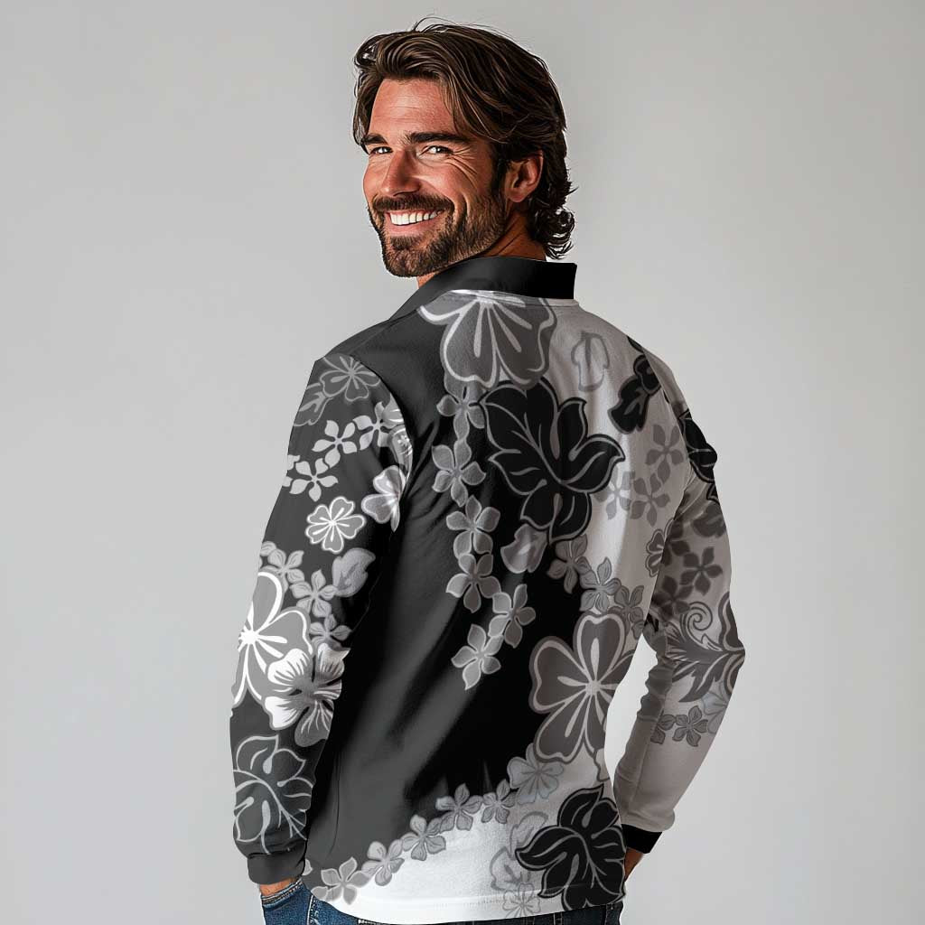 Gray Scale Hibiscus Plumeria Floral Long Sleeve Polo Shirt LT01 - Polynesian Pride