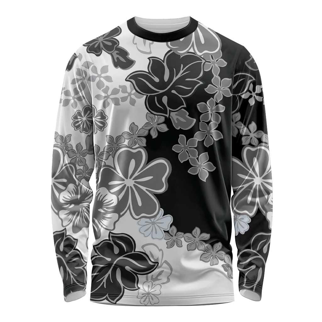 Gray Scale Hibiscus Plumeria Floral Long Sleeve Shirt LT01 Unisex Black - Polynesian Pride