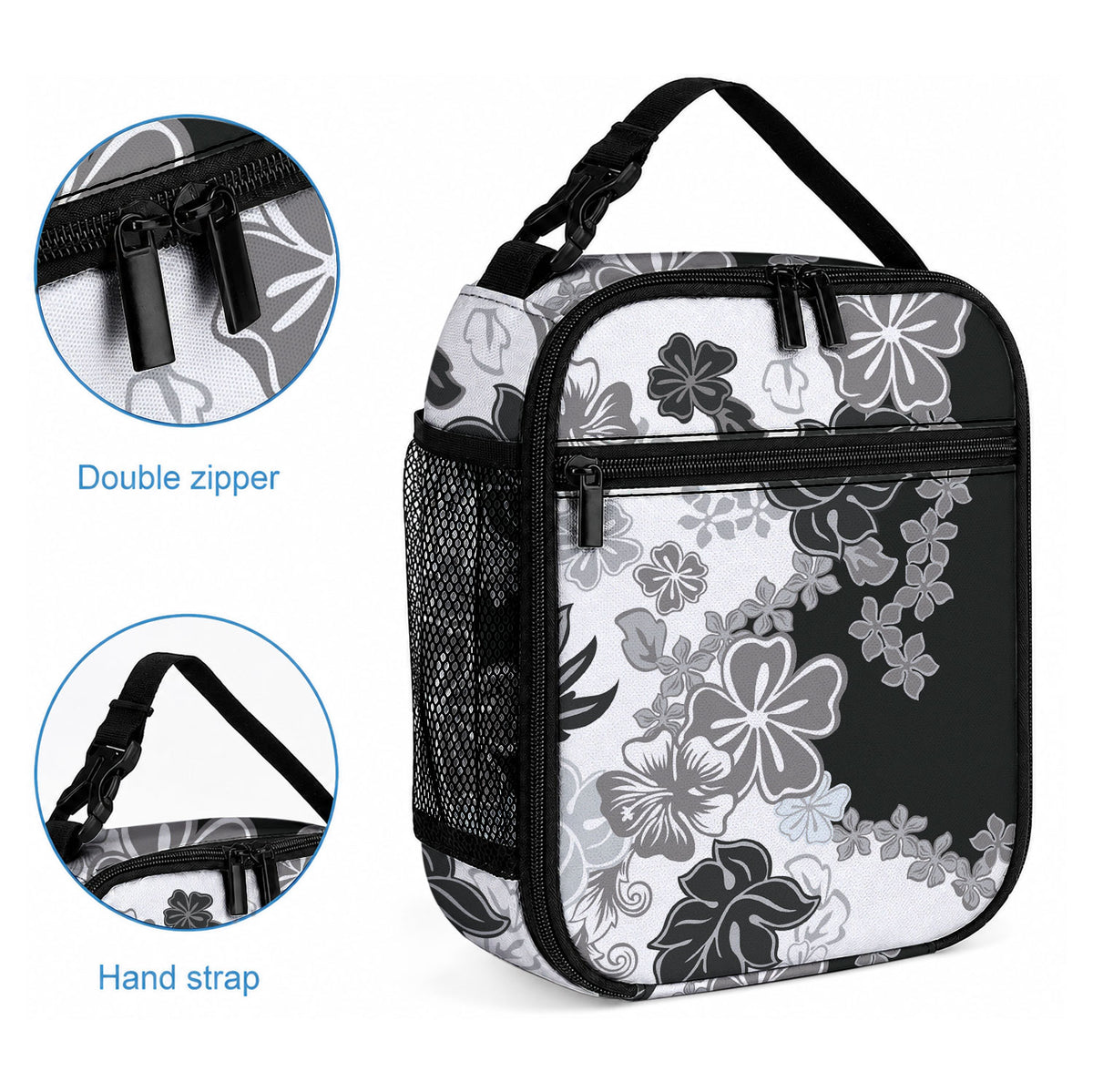 Gray Scale Hibiscus Plumeria Floral Lunch Bag LT01 - Polynesian Pride