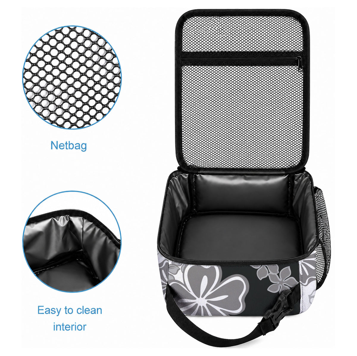Gray Scale Hibiscus Plumeria Floral Lunch Bag LT01 - Polynesian Pride