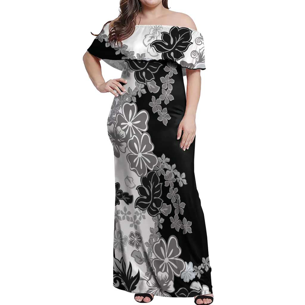 Gray Scale Hibiscus Plumeria Floral Off Shoulder Maxi Dress - Polynesian Pride
