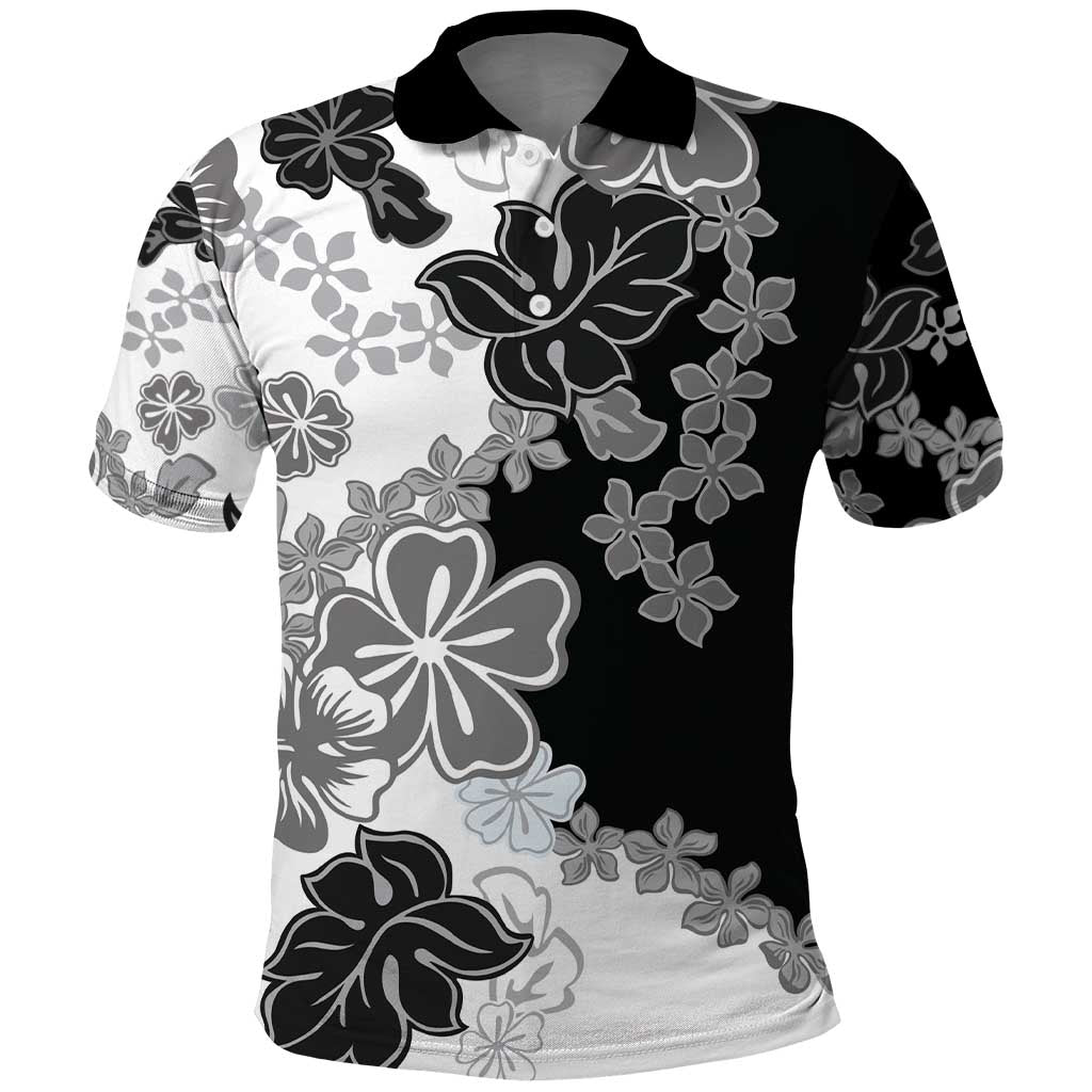 Gray Scale Hibiscus Plumeria Floral Polo Shirt - Polynesian Pride