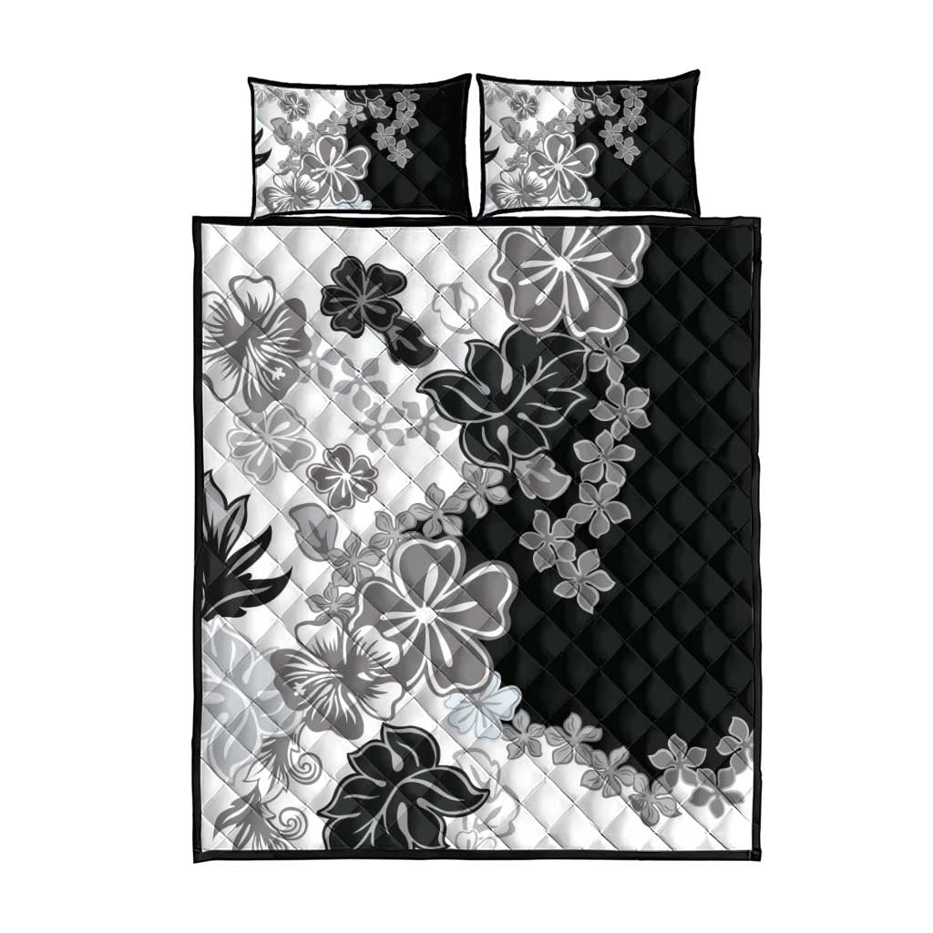Gray Scale Hibiscus Plumeria Floral Quilt Bed Set - Polynesian Pride