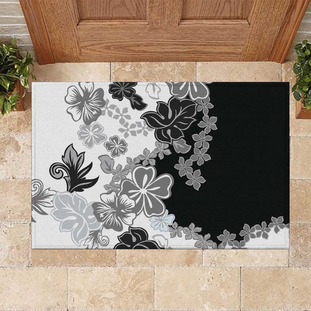 Gray Scale Hibiscus Plumeria Floral Rubber Doormat LT01 Black - Polynesian Pride