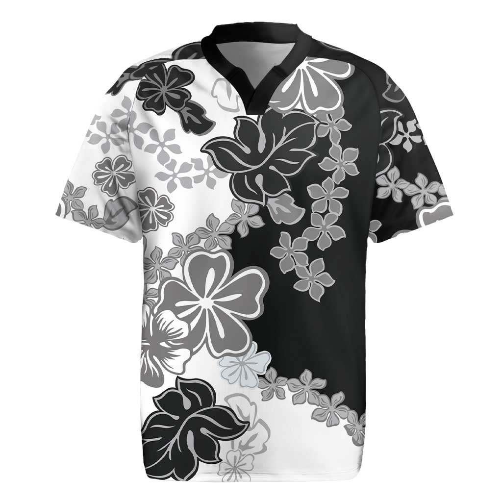 Gray Scale Hibiscus Plumeria Floral Rugby Jersey LT01 Black - Polynesian Pride
