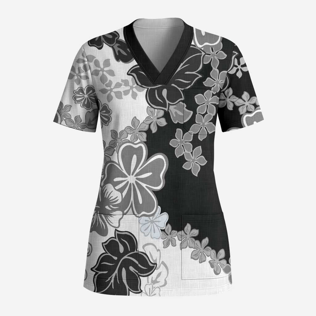 Gray Scale Hibiscus Plumeria Floral Scrub Top LT01 Adult Black - Polynesian Pride