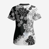 Gray Scale Hibiscus Plumeria Floral Scrub Top LT01 - Polynesian Pride