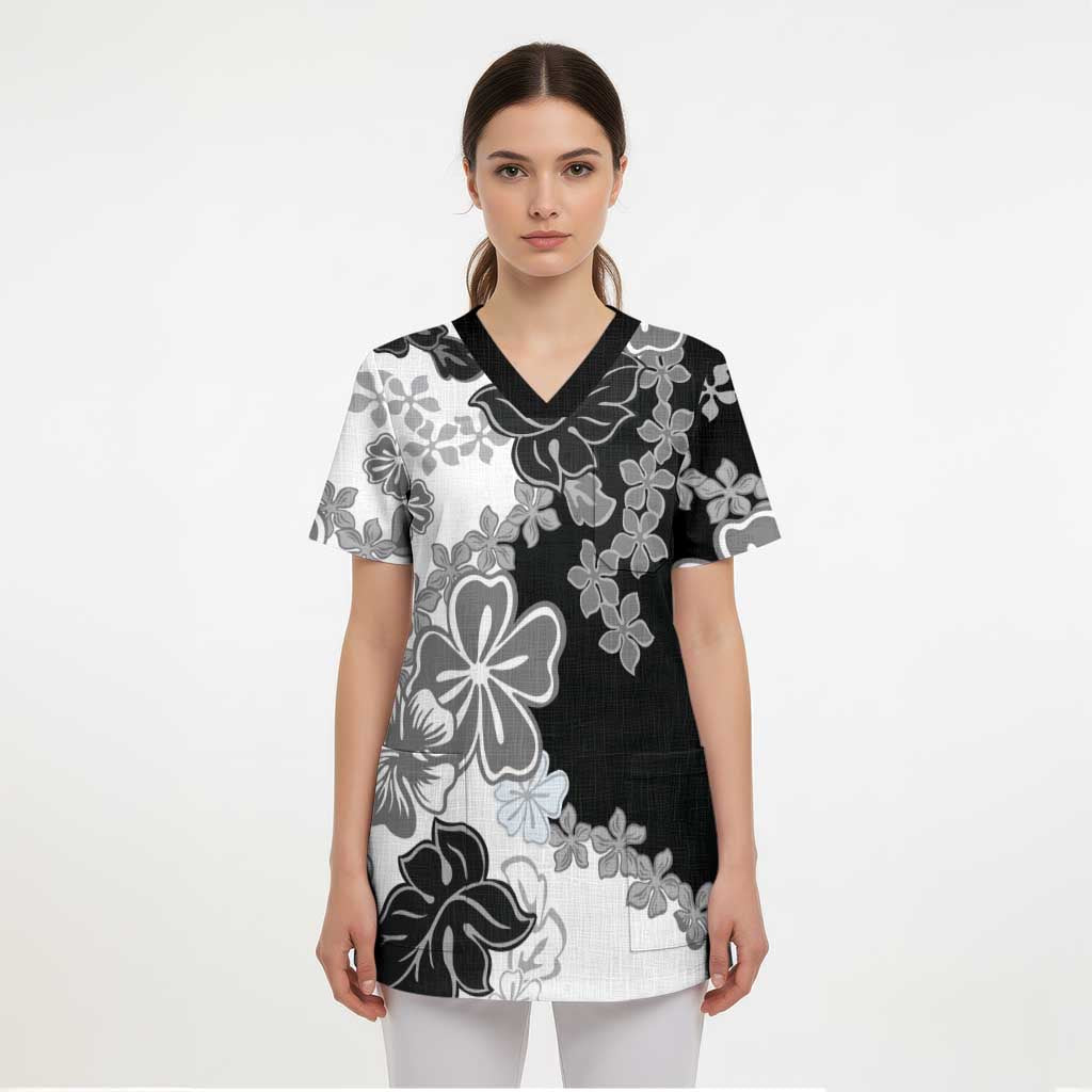 Gray Scale Hibiscus Plumeria Floral Scrub Top LT01 - Polynesian Pride