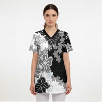 Gray Scale Hibiscus Plumeria Floral Scrub Top LT01 - Polynesian Pride