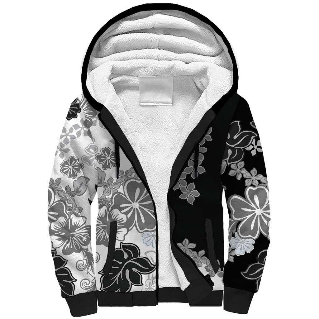 Gray Scale Hibiscus Plumeria Floral Sherpa Hoodie LT01 Unisex Black - Polynesian Pride